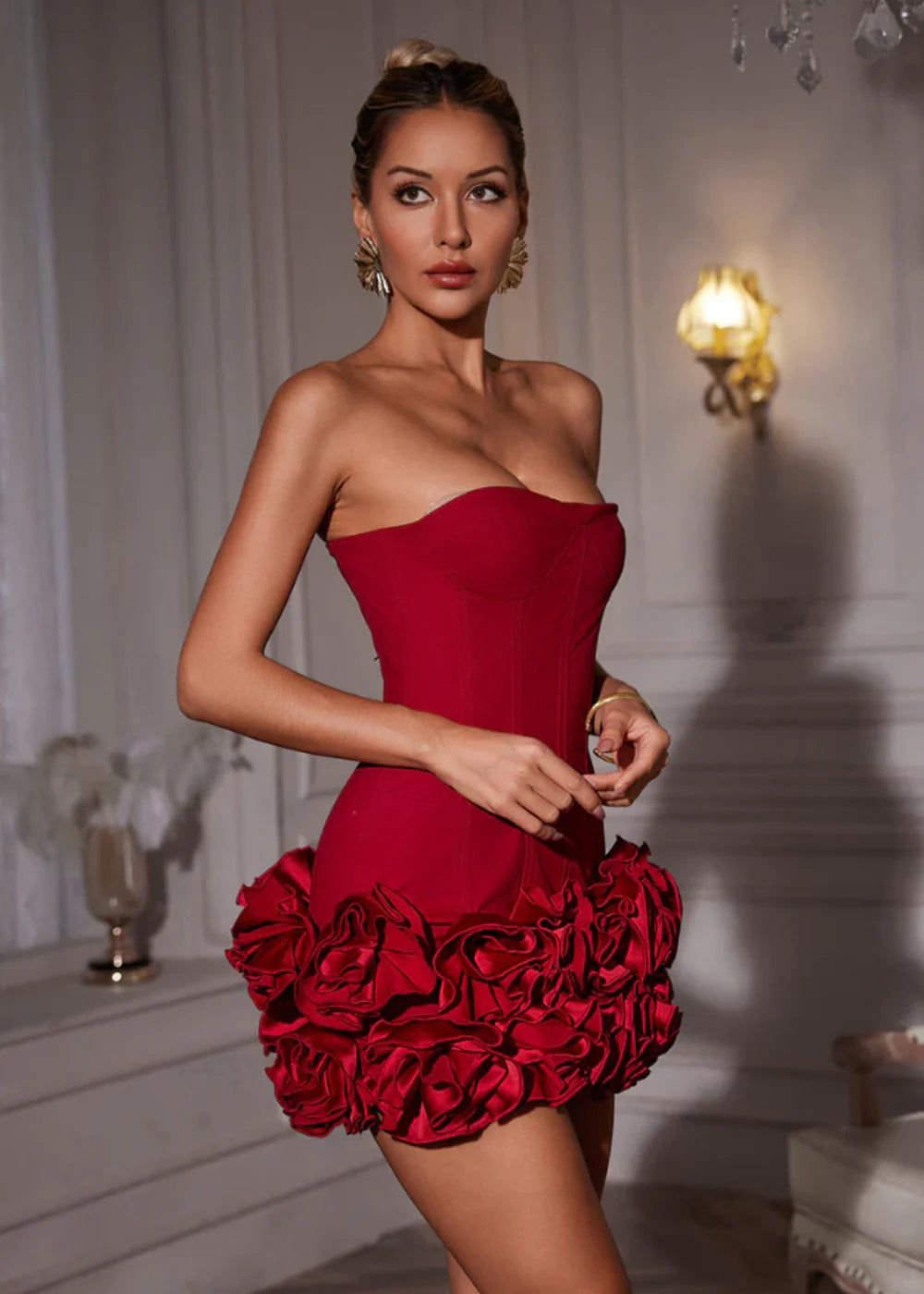 Red Strapless Corset Ruffle Mini Dress - Fitted Party Cocktail Dress — Image 8