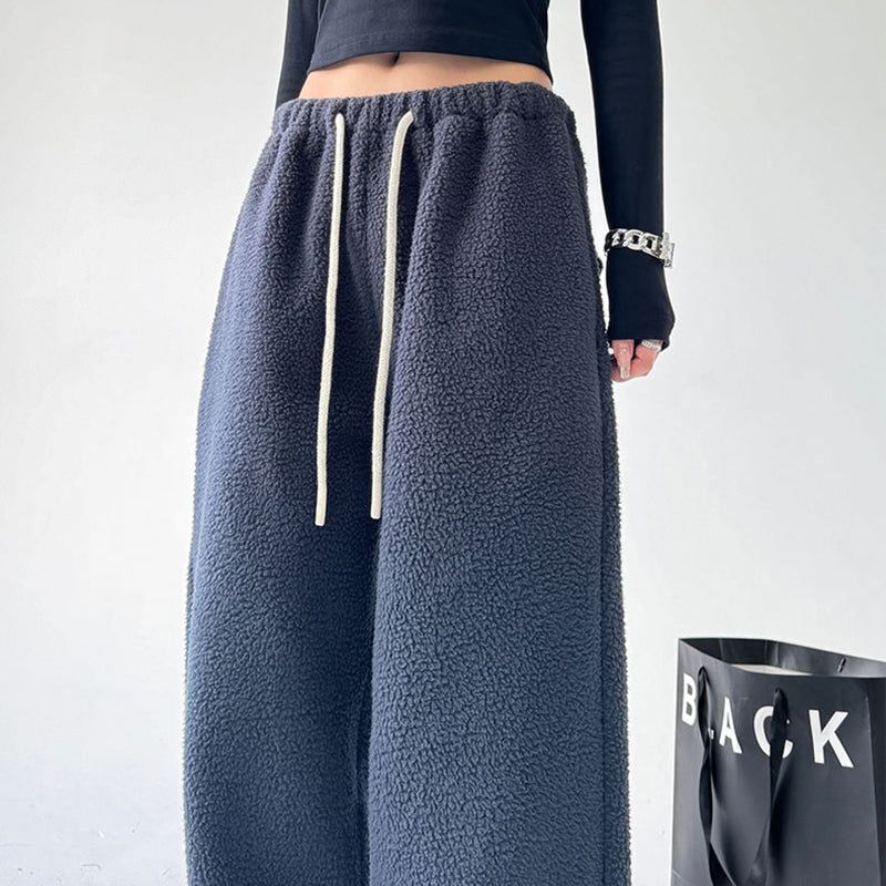 Women's Wide Leg Sherpa Fleece Lounge Pants with Drawstring - Black, Brown, Green Polyester — Image 2