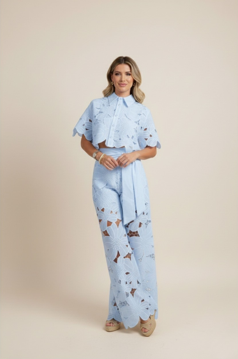Floral Lace Two-Piece Set: Cropped Shirt & Wide Leg Pants - White Polyester Lace - Women's Fashion — Image 8