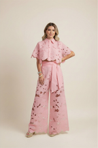 Floral Lace Two-Piece Set: Cropped Shirt & Wide Leg Pants - White Polyester Lace - Women's Fashion — Image 4