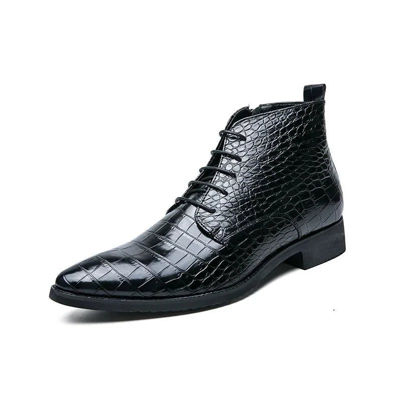 Men's Crocodile Pattern Leather Ankle Boots Brown Black Lace-Up Dress Shoes — Image 7