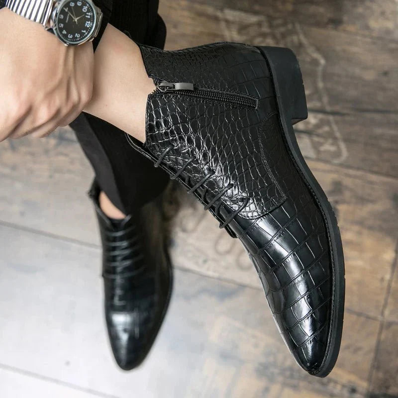 Men's Crocodile Pattern Leather Ankle Boots Brown Black Lace-Up Dress Shoes — Image 4