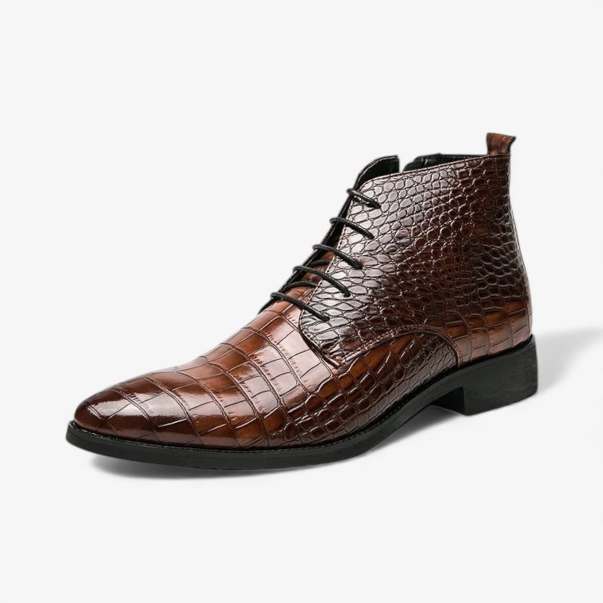 Men's Crocodile Pattern Leather Ankle Boots Brown Black Lace-Up Dress Shoes — Main Image