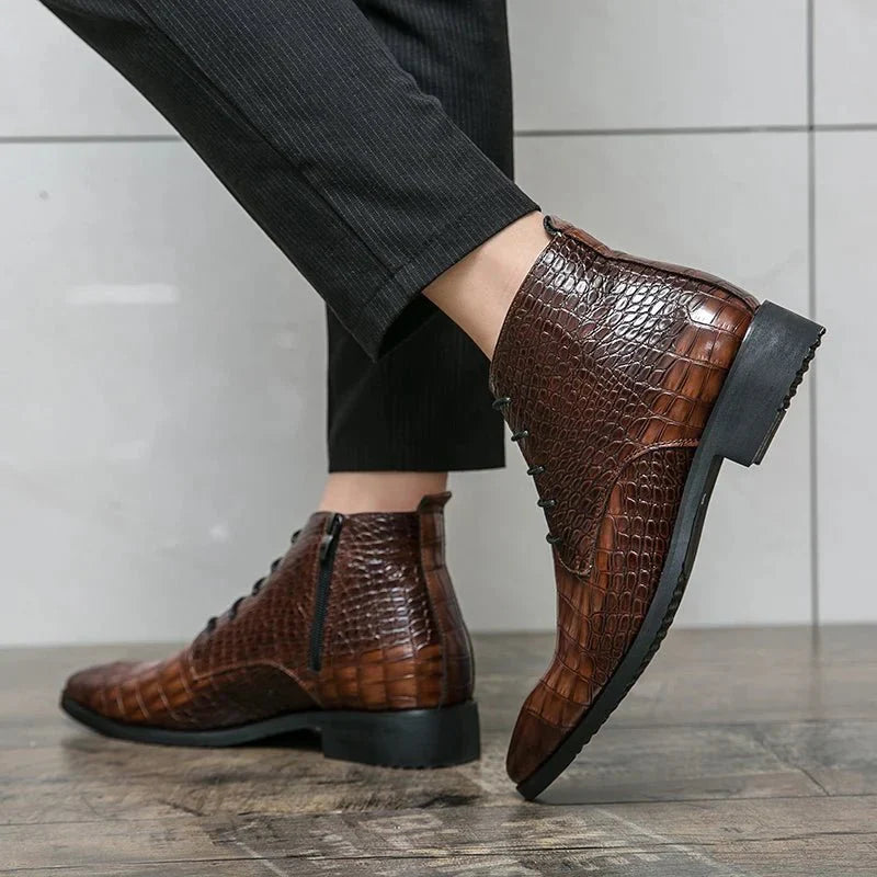 Men's Crocodile Pattern Leather Ankle Boots Brown Black Lace-Up Dress Shoes — Image 2