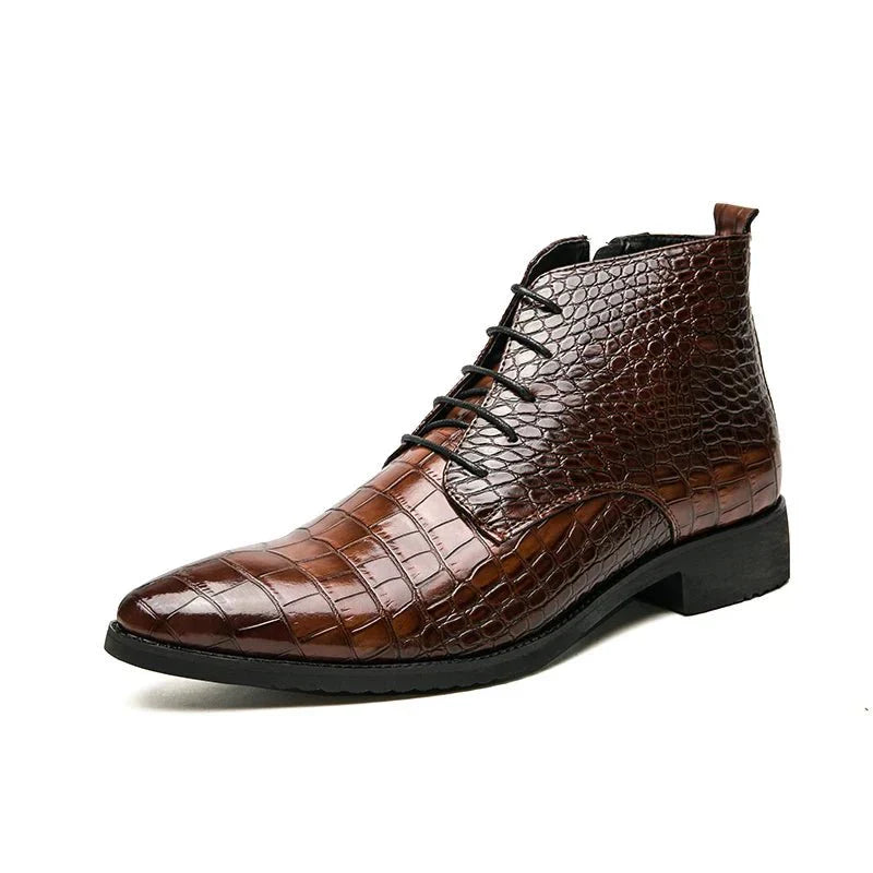 Men's Crocodile Pattern Leather Ankle Boots Brown Black Lace-Up Dress Shoes — Image 8