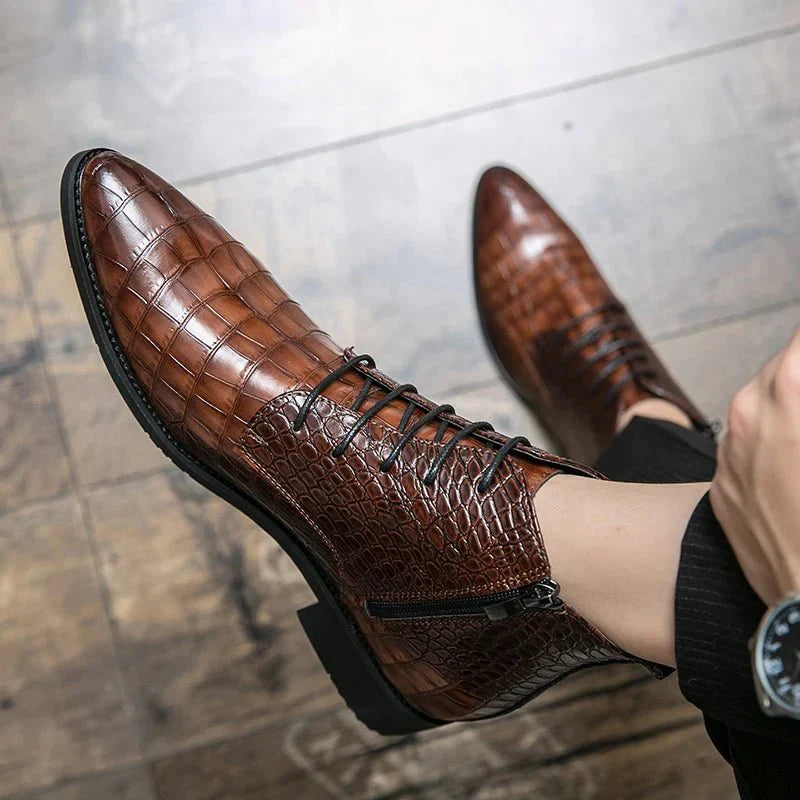 Men's Crocodile Pattern Leather Ankle Boots Brown Black Lace-Up Dress Shoes — Image 3