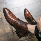 Men's Crocodile Pattern Leather Ankle Boots Brown Black Lace-Up Dress Shoes — Image 3