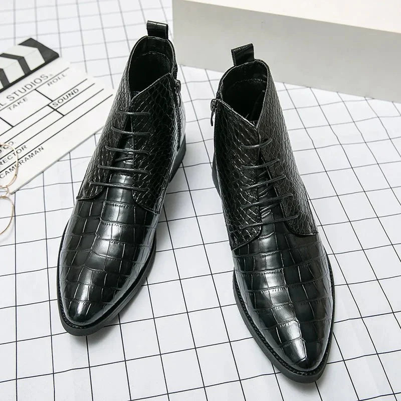 Men's Crocodile Pattern Leather Ankle Boots Brown Black Lace-Up Dress Shoes — Image 5