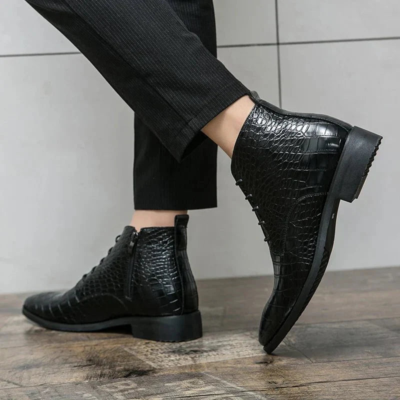 Men's Crocodile Pattern Leather Ankle Boots Brown Black Lace-Up Dress Shoes — Image 6
