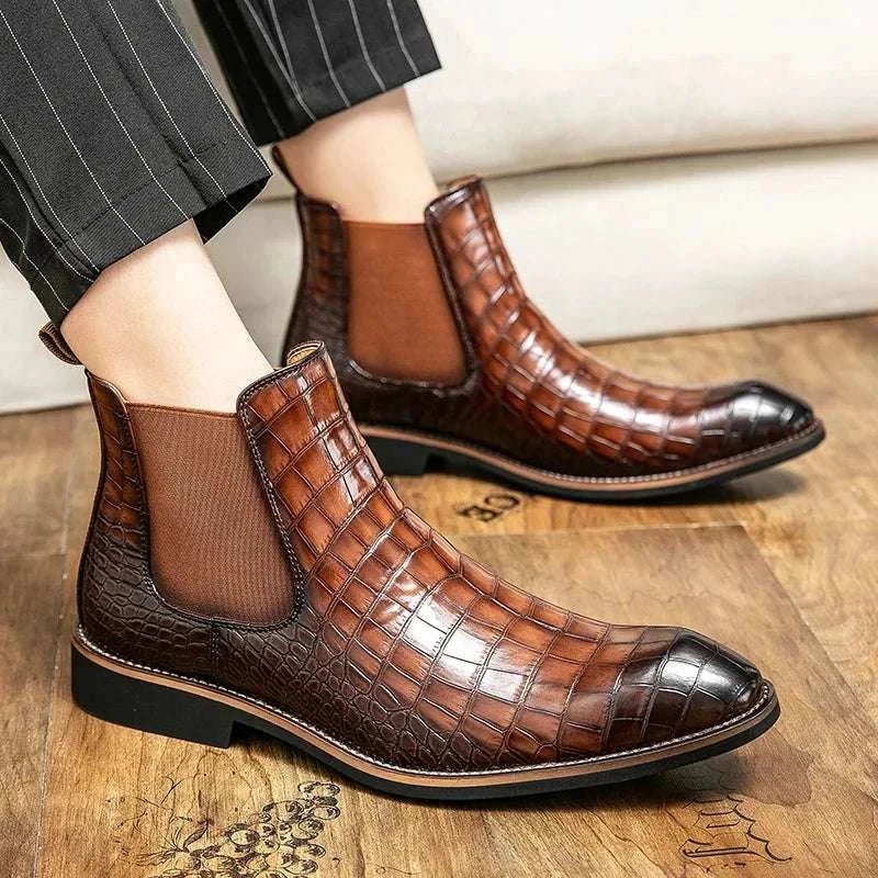 Men's Crocodile Pattern Leather Chelsea Boots Black Brown Slip-On Dress Shoes — Image 6