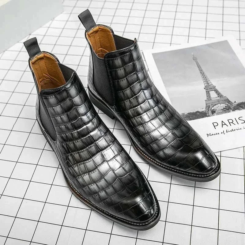 Men's Crocodile Pattern Leather Chelsea Boots Black Brown Slip-On Dress Shoes — Image 3
