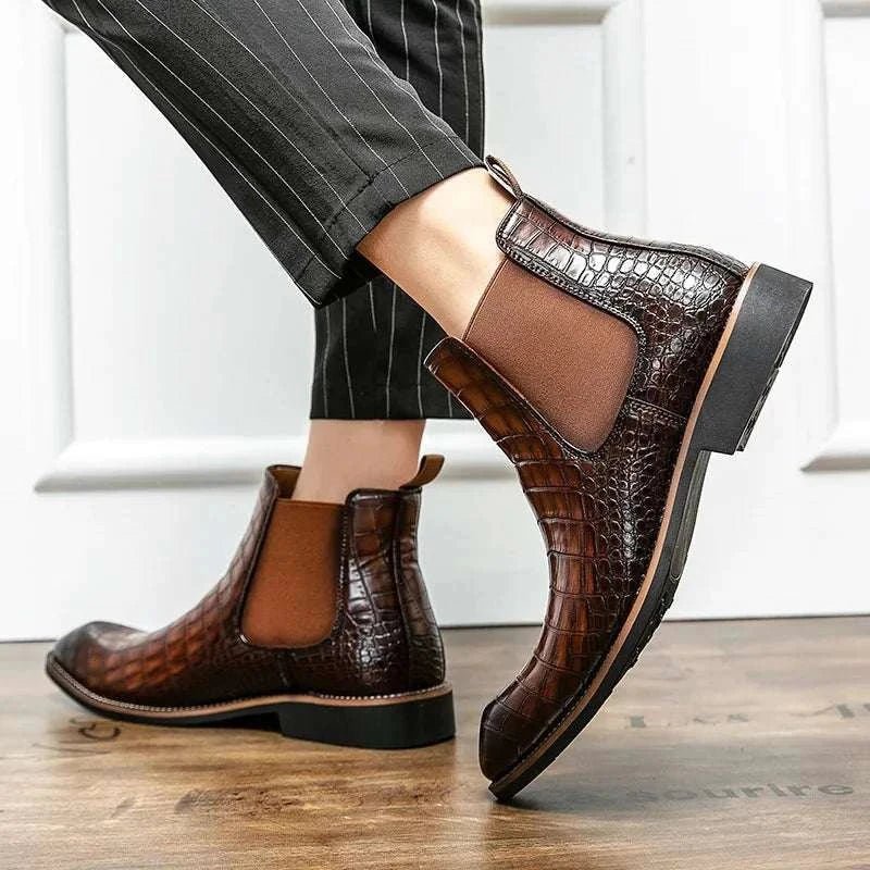 Men's Crocodile Pattern Leather Chelsea Boots Black Brown Slip-On Dress Shoes — Image 7