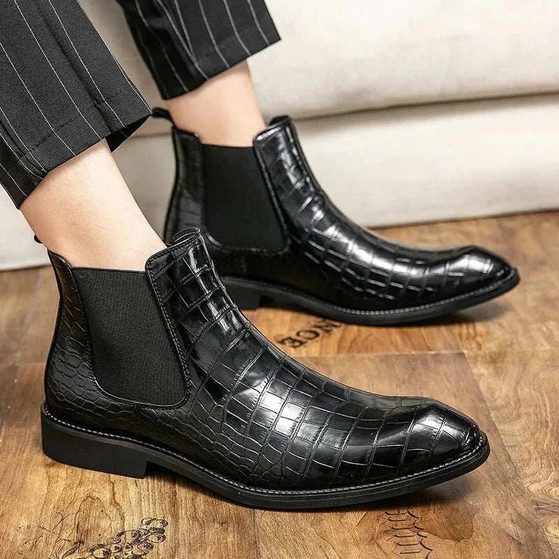 Men's Crocodile Pattern Leather Chelsea Boots Black Brown Slip-On Dress Shoes — Image 8