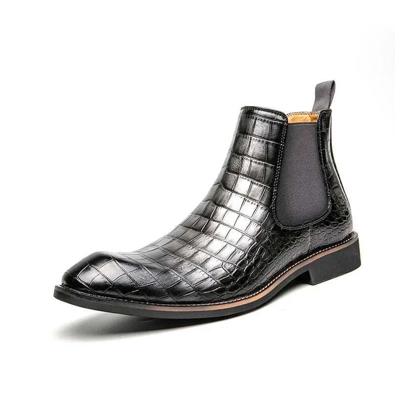 Men's Crocodile Pattern Leather Chelsea Boots Black Brown Slip-On Dress Shoes — Image 9