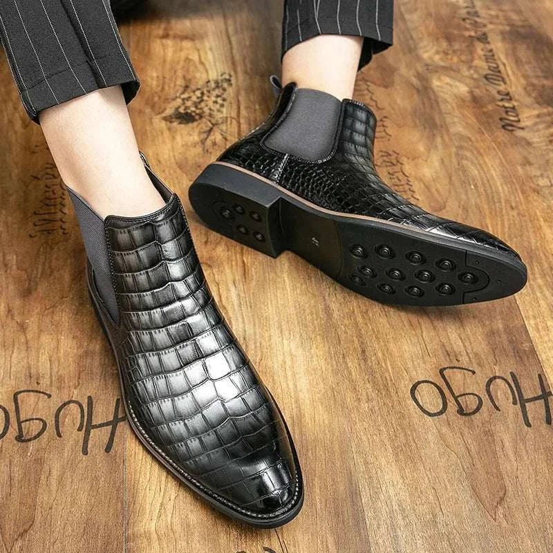 Men's Crocodile Pattern Leather Chelsea Boots Black Brown Slip-On Dress Shoes — Image 5