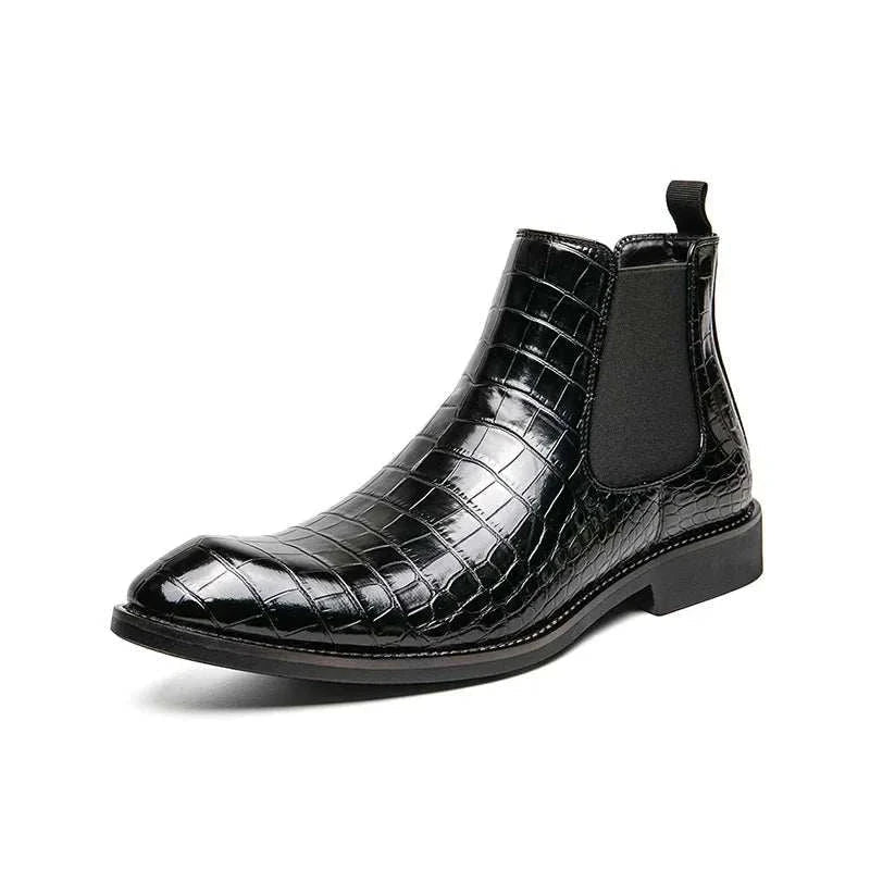 Men's Crocodile Pattern Leather Chelsea Boots Black Brown Slip-On Dress Shoes — Image 11