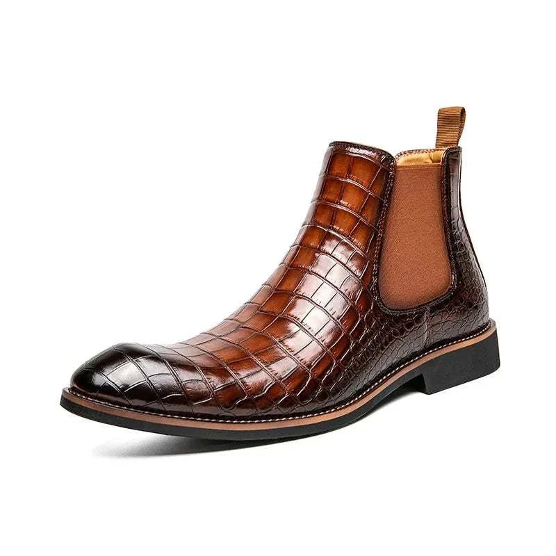 Men's Crocodile Pattern Leather Chelsea Boots Black Brown Slip-On Dress Shoes — Image 10