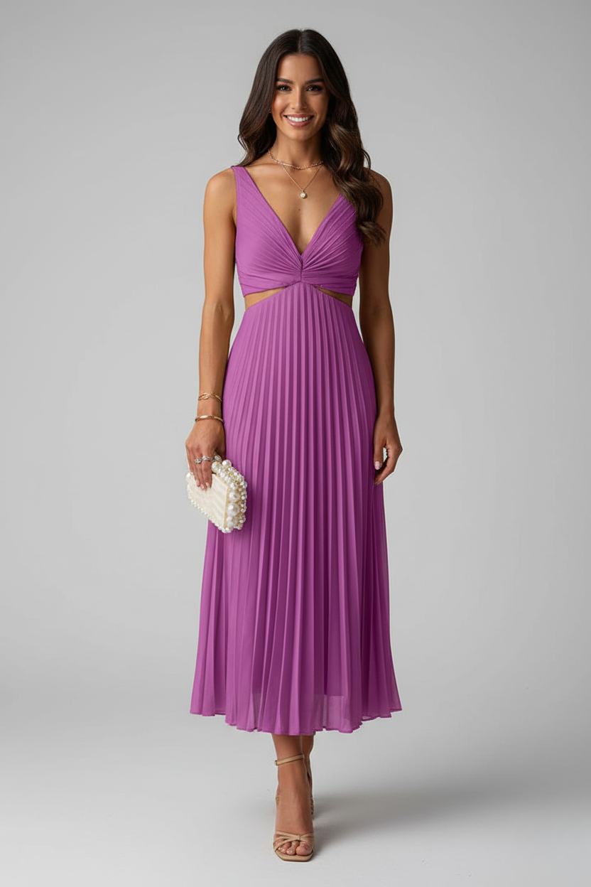 Pleated Midi Dress V-Neck Cutout Waist Sleeveless - Available in Yellow, Purple, Red, Black, Green — Image 3