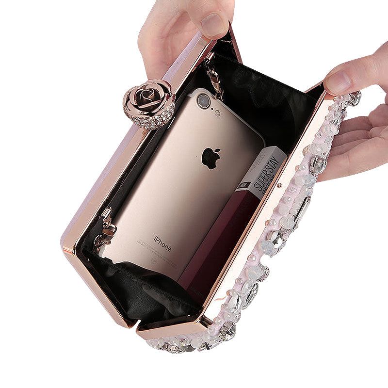 Crystal Embellished Evening Clutch Bag Pink Rhinestones Pearls Formal Handbag — Image 3