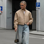 Brand Women's Bomber Jacket Wool Blend Stand Collar Beige Snap Button Casual Outerwear — Image 3