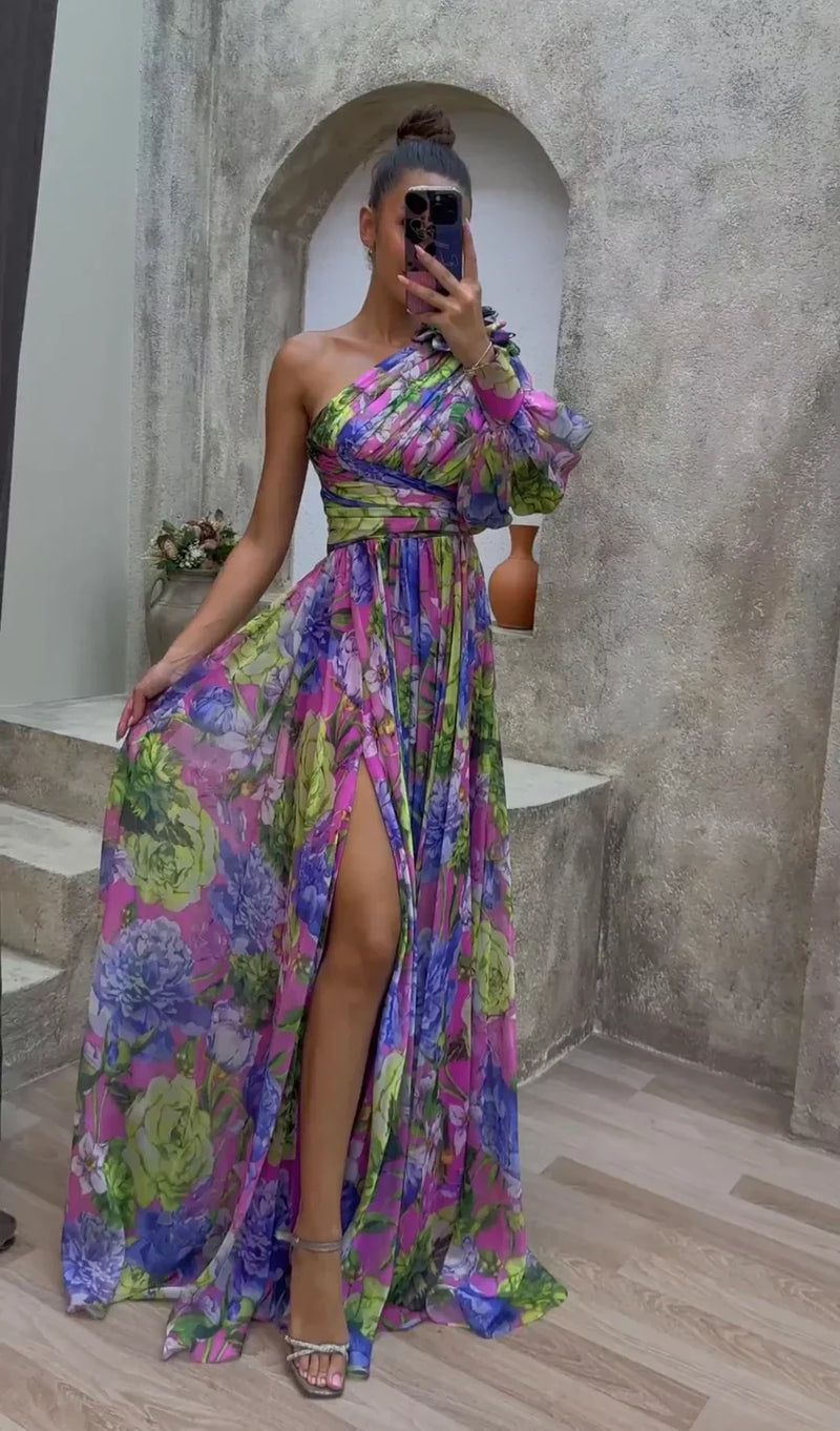 Floral One-Shoulder Maxi Dress with Slit - Women's Evening Gown Multicolor Chiffon — Main Image