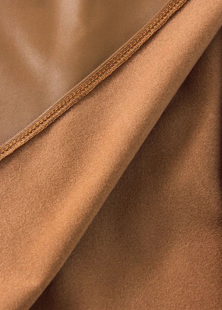 Draped Faux Leather Midi Skirt with Slit, Black, Beige, Brown. Elegant Women's Pencil Skirt. — Image 17