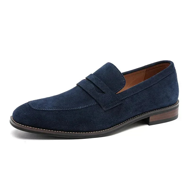 Men's Suede Penny Loafers Slip-On Dress Shoes Navy Blue Leather Lining — Image 2