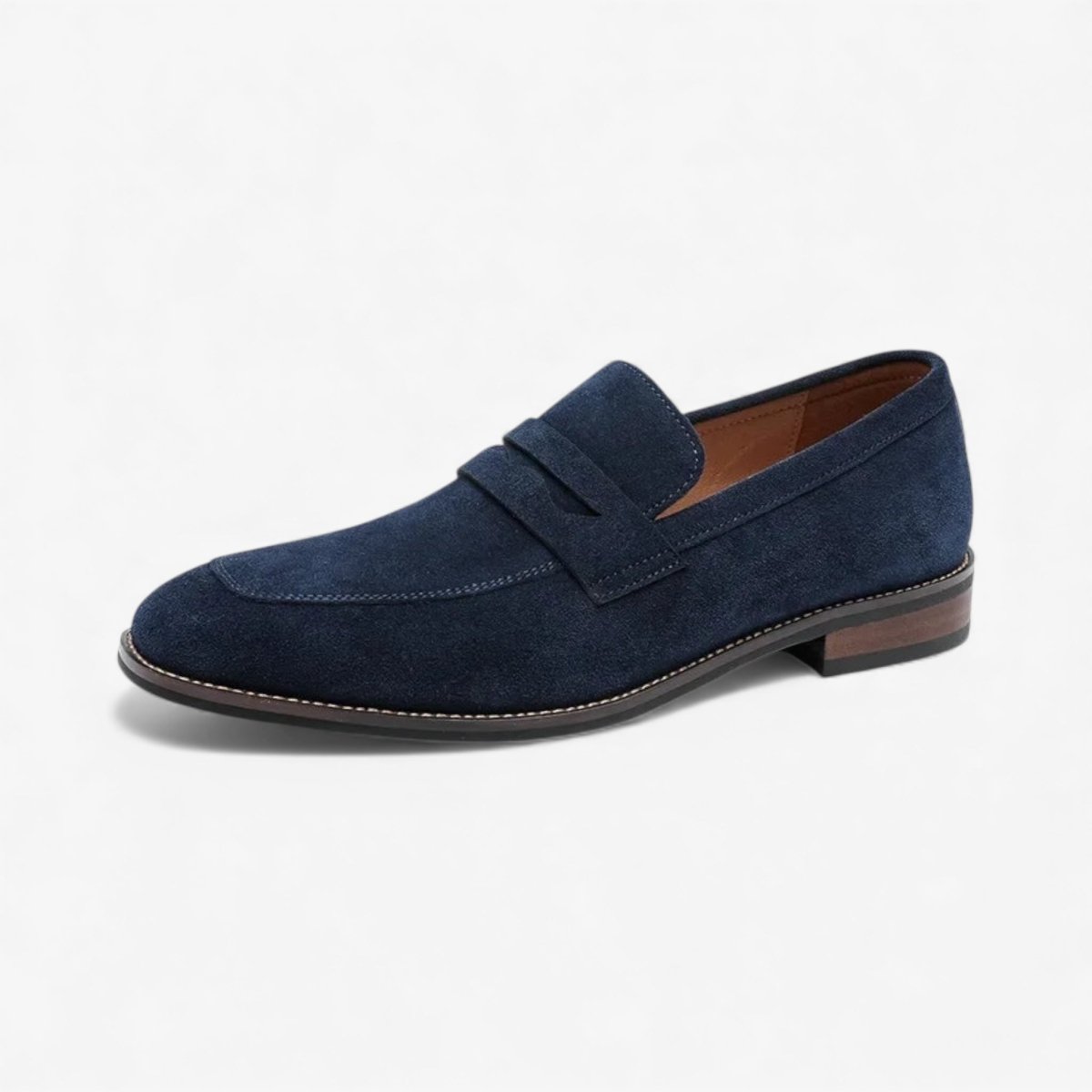 Men's Suede Penny Loafers Slip-On Dress Shoes Navy Blue Leather Lining — Main Image