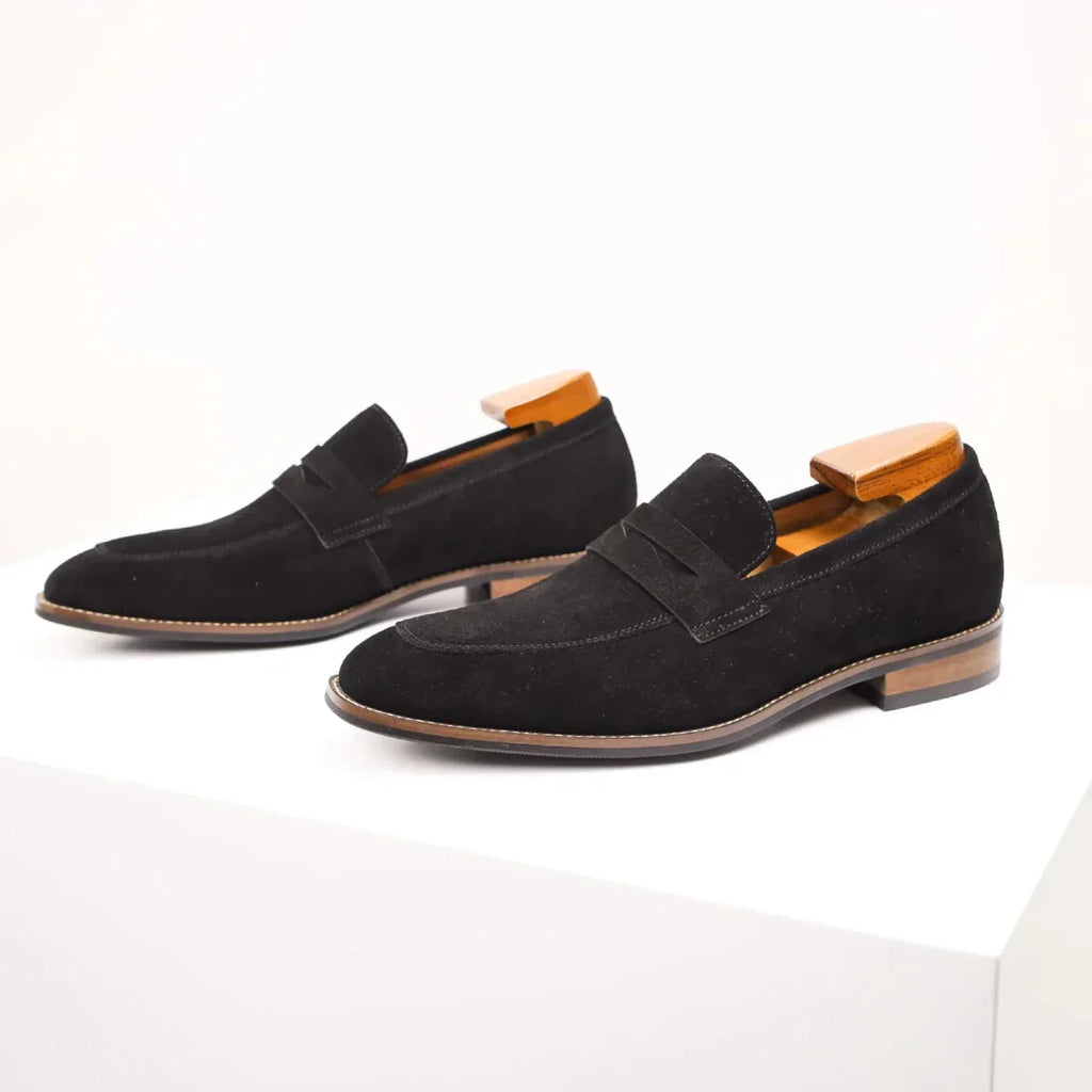 Men's Suede Penny Loafers Slip-On Dress Shoes Navy Blue Leather Lining — Image 10