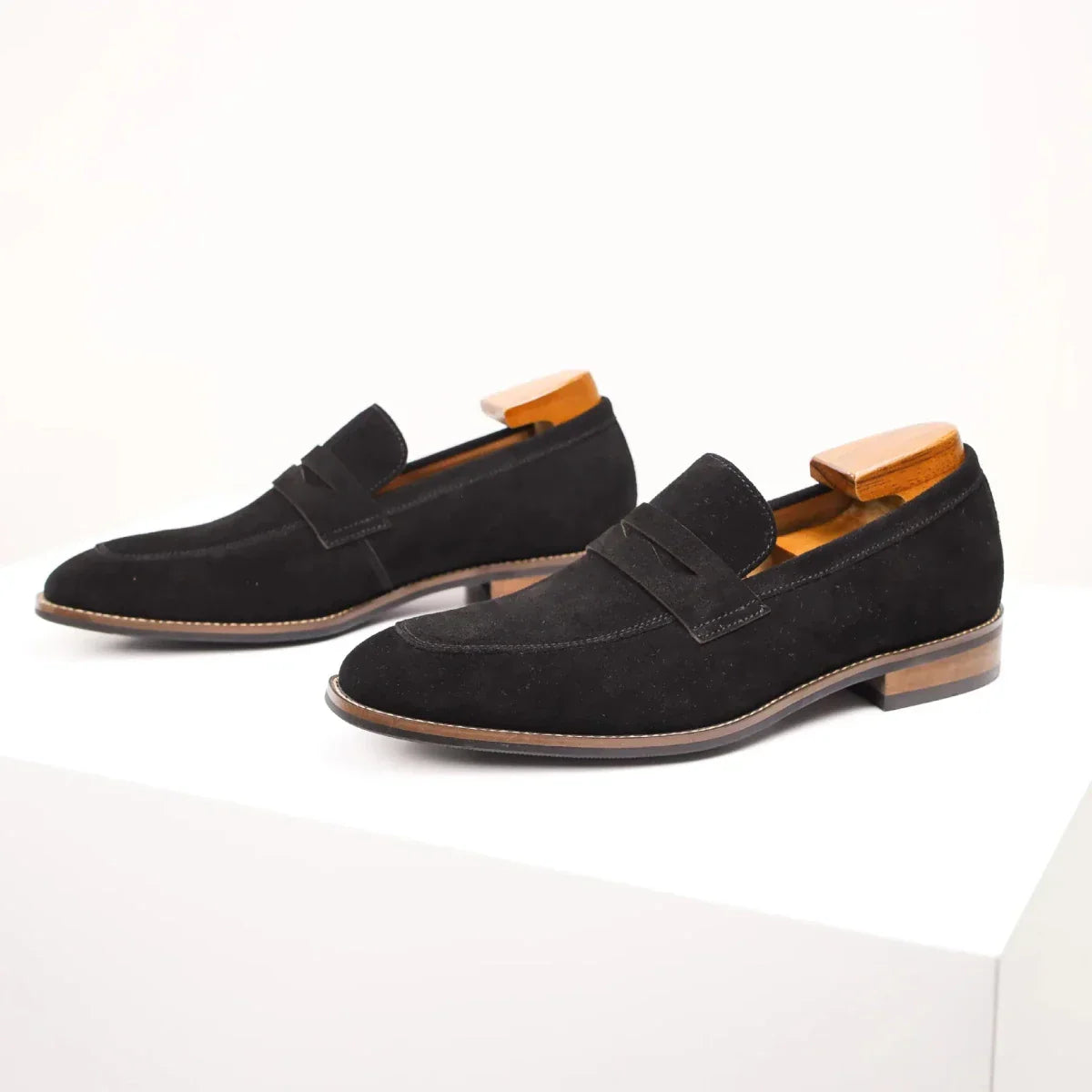 Men's Suede Penny Loafers Slip-On Dress Shoes Navy Blue Leather Lining — Image 10