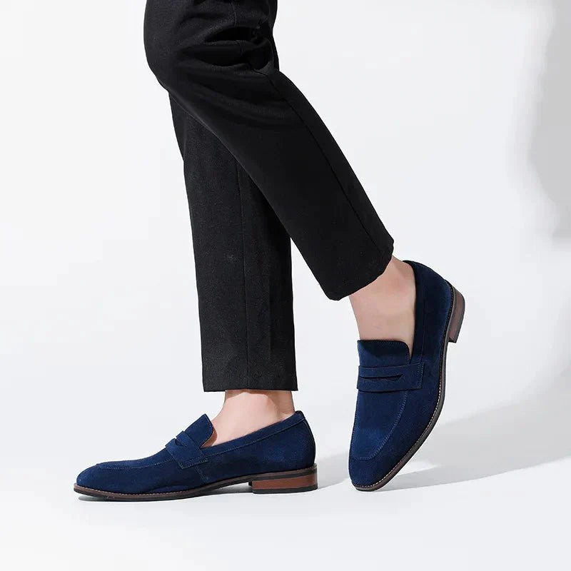 Men's Suede Penny Loafers Slip-On Dress Shoes Navy Blue Leather Lining — Image 4