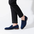 Men's Suede Penny Loafers Slip-On Dress Shoes Navy Blue Leather Lining — Image 4
