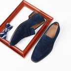 Men's Suede Penny Loafers Slip-On Dress Shoes Navy Blue Leather Lining — Image 6