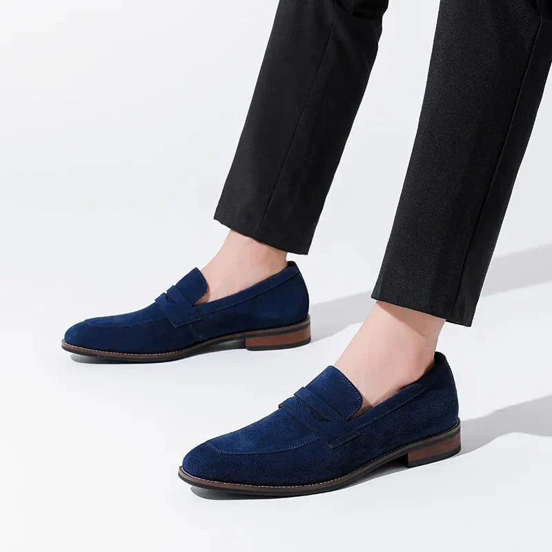 Men's Suede Penny Loafers Slip-On Dress Shoes Navy Blue Leather Lining — Image 3