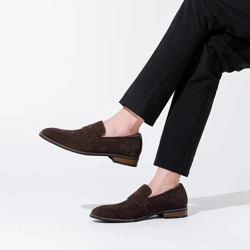 Men's Suede Penny Loafers Slip-On Dress Shoes Navy Blue Leather Lining — Image 9