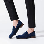 Men's Suede Penny Loafers Slip-On Dress Shoes Navy Blue Leather Lining — Image 5