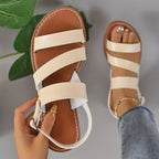 Women's Strappy Sandals Comfortable Leather Flats Black Red Cream Brown — Image 3