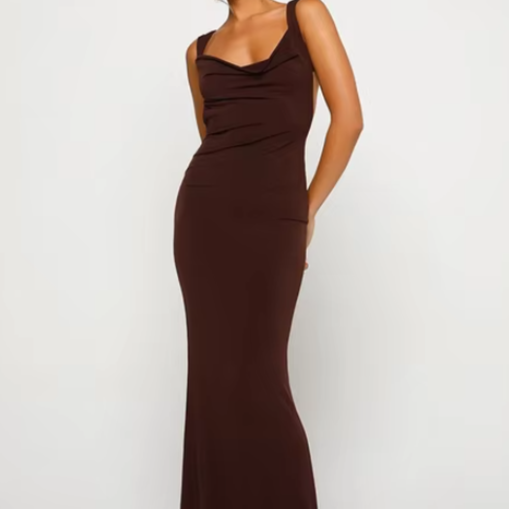 Cowl Neck Maxi Dress, Backless Evening Gown, Black, White, Brown, Green — Image 3