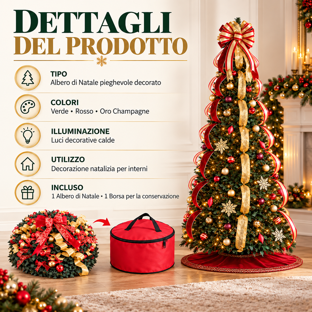 🎄 Albero di Natale Pieghevole con Luci e Decorazioni