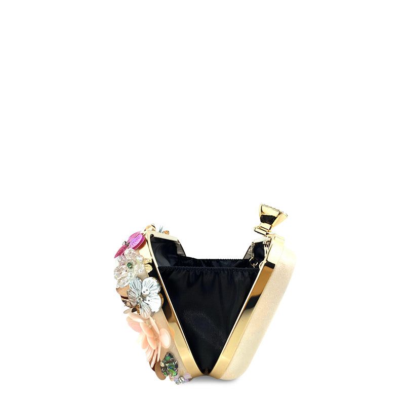 Floral Beaded Evening Clutch Bag Beige with Chain Strap. Elegant Party Handbag — Image 7