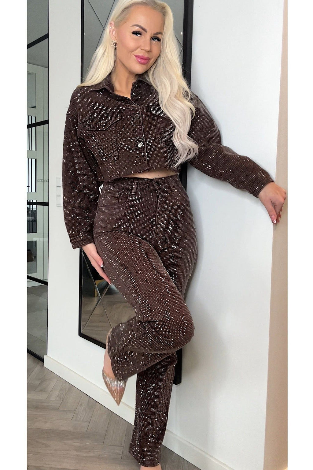 Brown Rhinestone High Waist Flare Jeans. Women's embellished denim pants. — Image 2