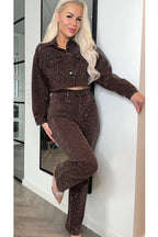 Brown Rhinestone High Waist Flare Jeans. Women's embellished denim pants. — Image 2