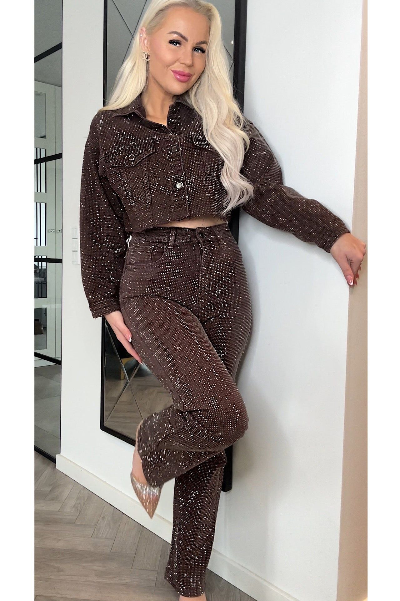 Brown Rhinestone High Waist Flare Jeans. Women's embellished denim pants. — Image 2