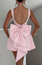 Bow Back Mini Dress with Pearl Detail - Pink Polyester Blend - Cocktail Party Dress — Image 3