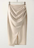 Draped Faux Leather Midi Skirt with Slit, Black, Beige, Brown. Elegant Women's Pencil Skirt. — Image 12