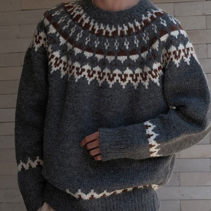 Nordic Wool Sweater Men's Fair Isle Pattern Knitted Pullover Beige/Gray — Image 2