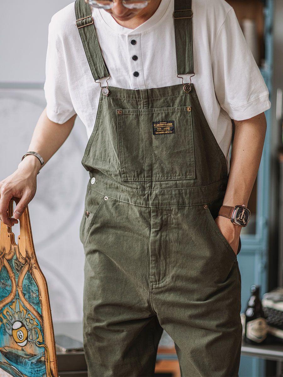 Men's Cotton Overalls Vintage Workwear Tan Olive Beige Adjustable Straps Pockets — Image 5