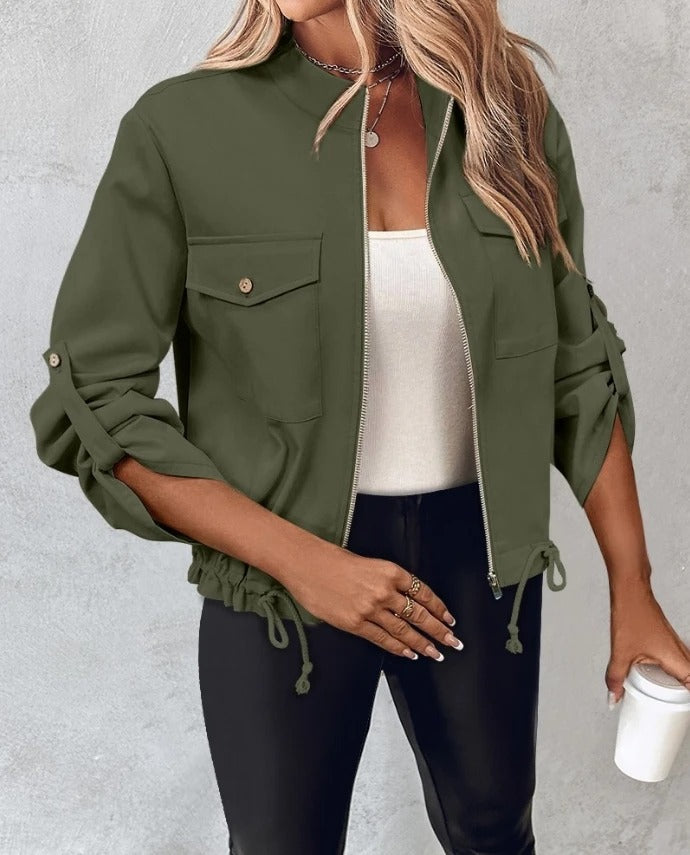 Women's Casual Bomber Jacket Lightweight Zip-Up Adjustable Drawstring Hem Roll-Up Sleeves Olive Green — Main Image