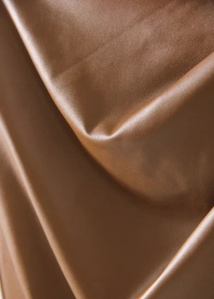 Draped Faux Leather Midi Skirt with Slit, Black, Beige, Brown. Elegant Women's Pencil Skirt. — Image 18