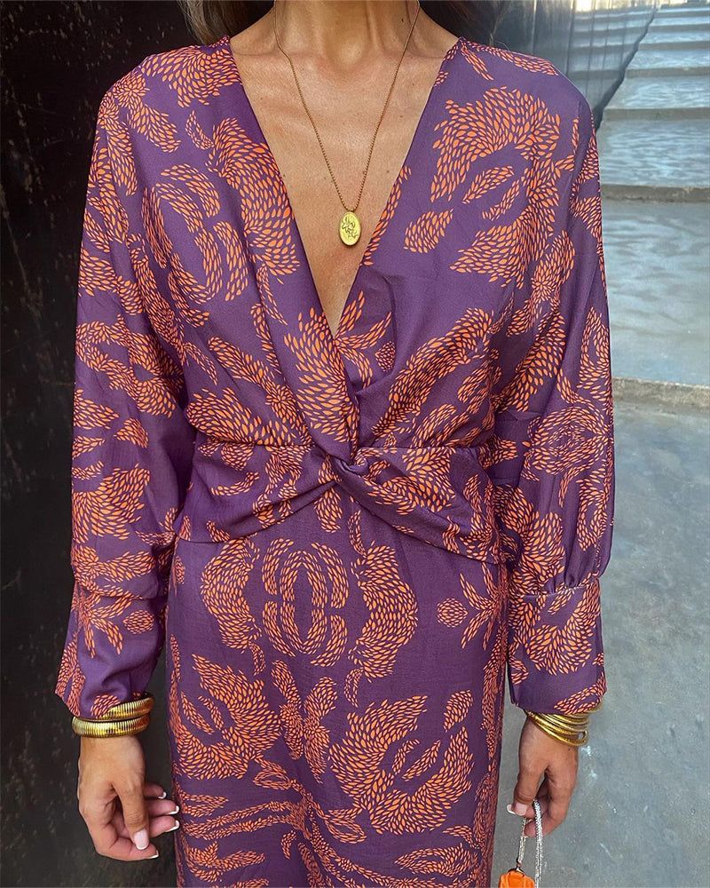 Twist Front Midi Dress V-Neck Long Sleeve Polyester Various Colors S M L XL — Image 12
